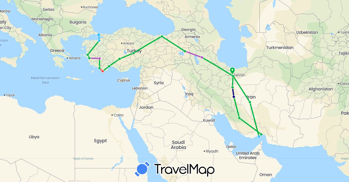 TravelMap itinerary: driving, bus, train, hiking, boat in Iran, Turkey (Asia)